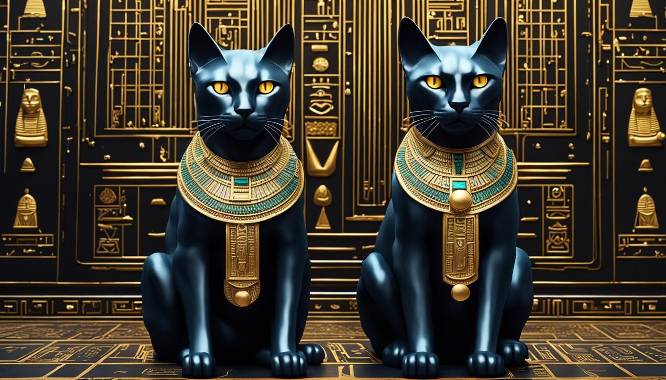 Cybernetic Egyptian Cat Statues with Electronic Jewels