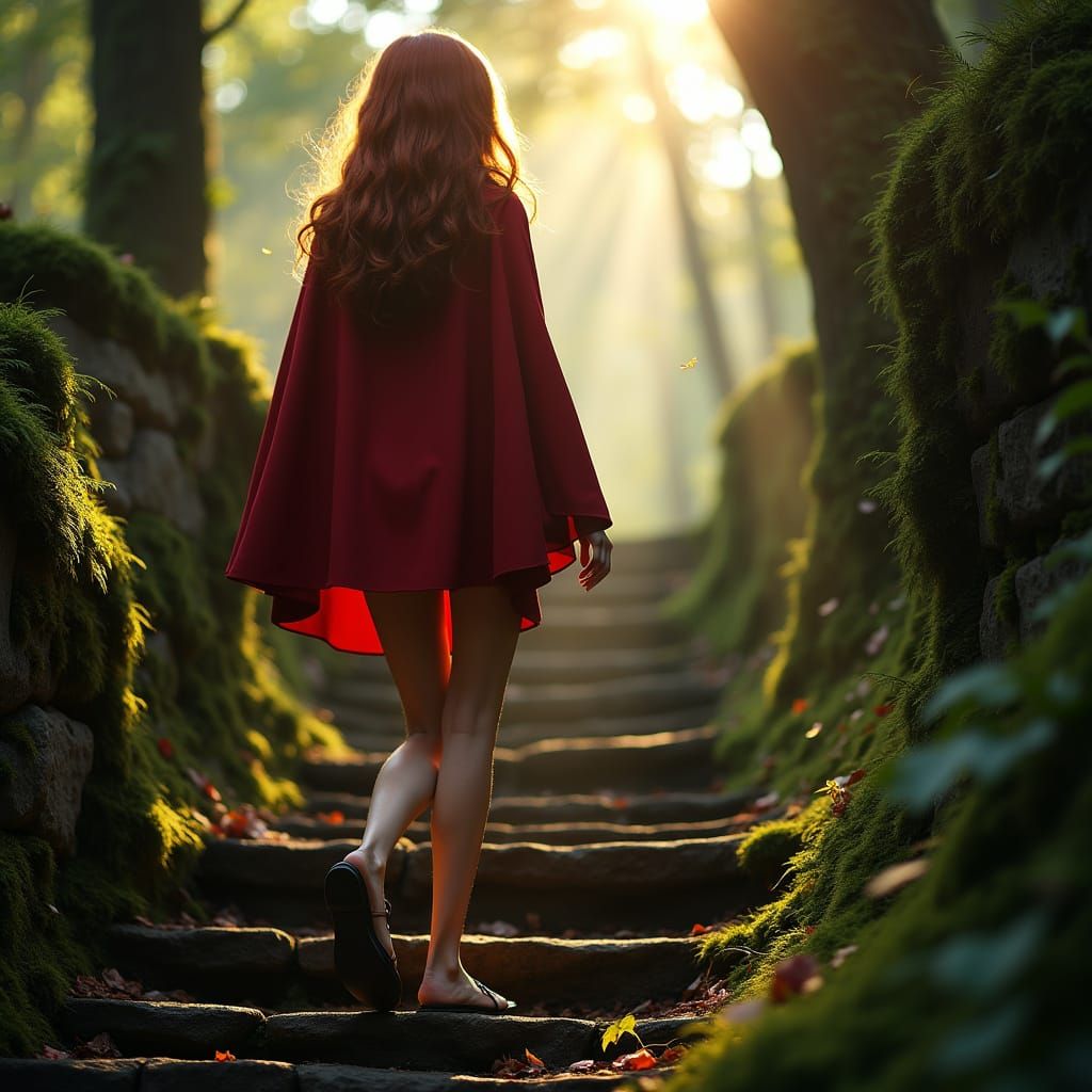 Enchanted Forest Goddess Ascends Stone Staircase