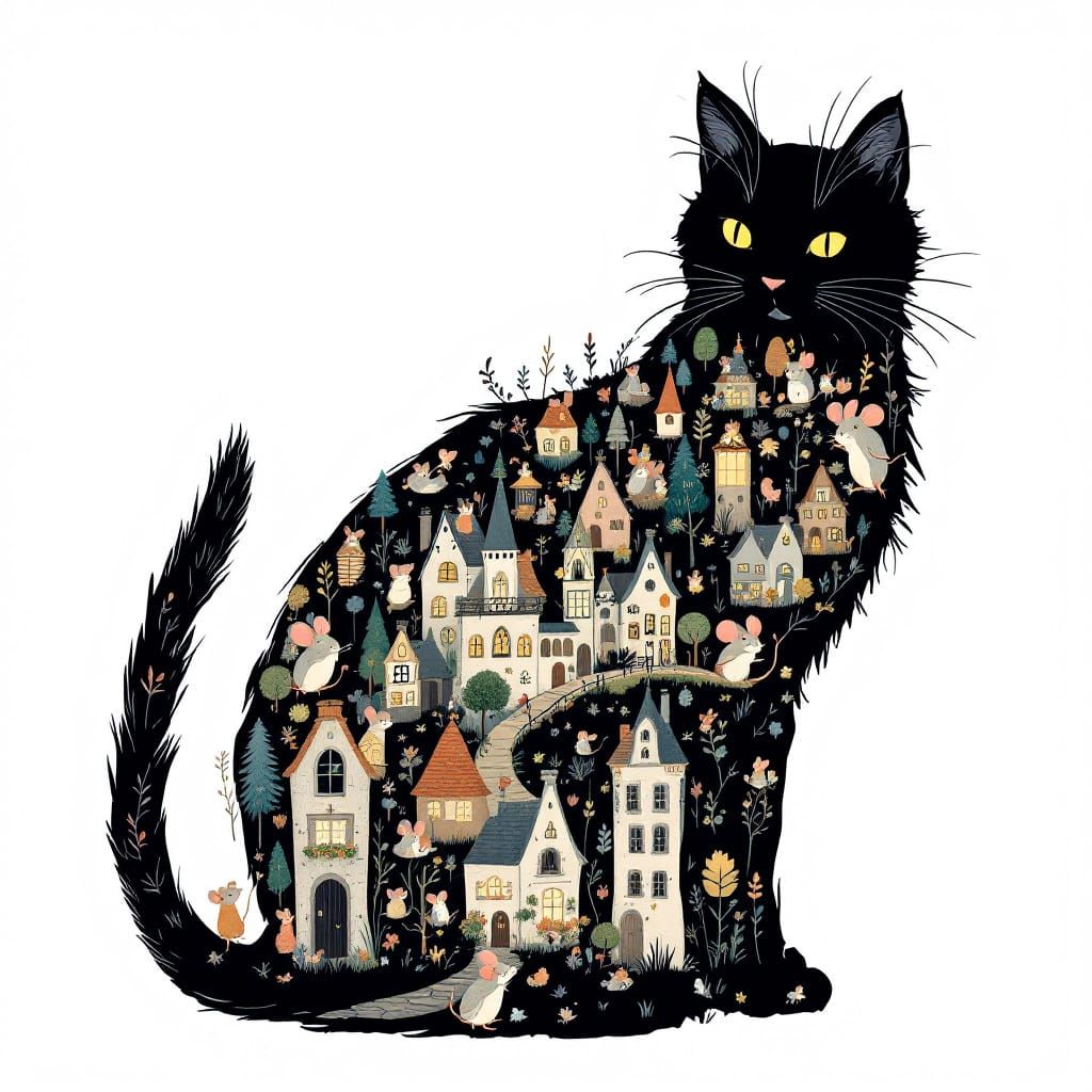 Whimsical Mouse Village in Black Cat Silhouette