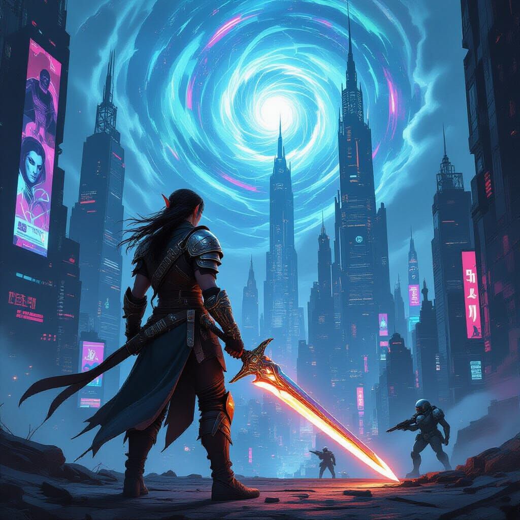 Elf Warrior Confronts Cyberpunk Cityscape