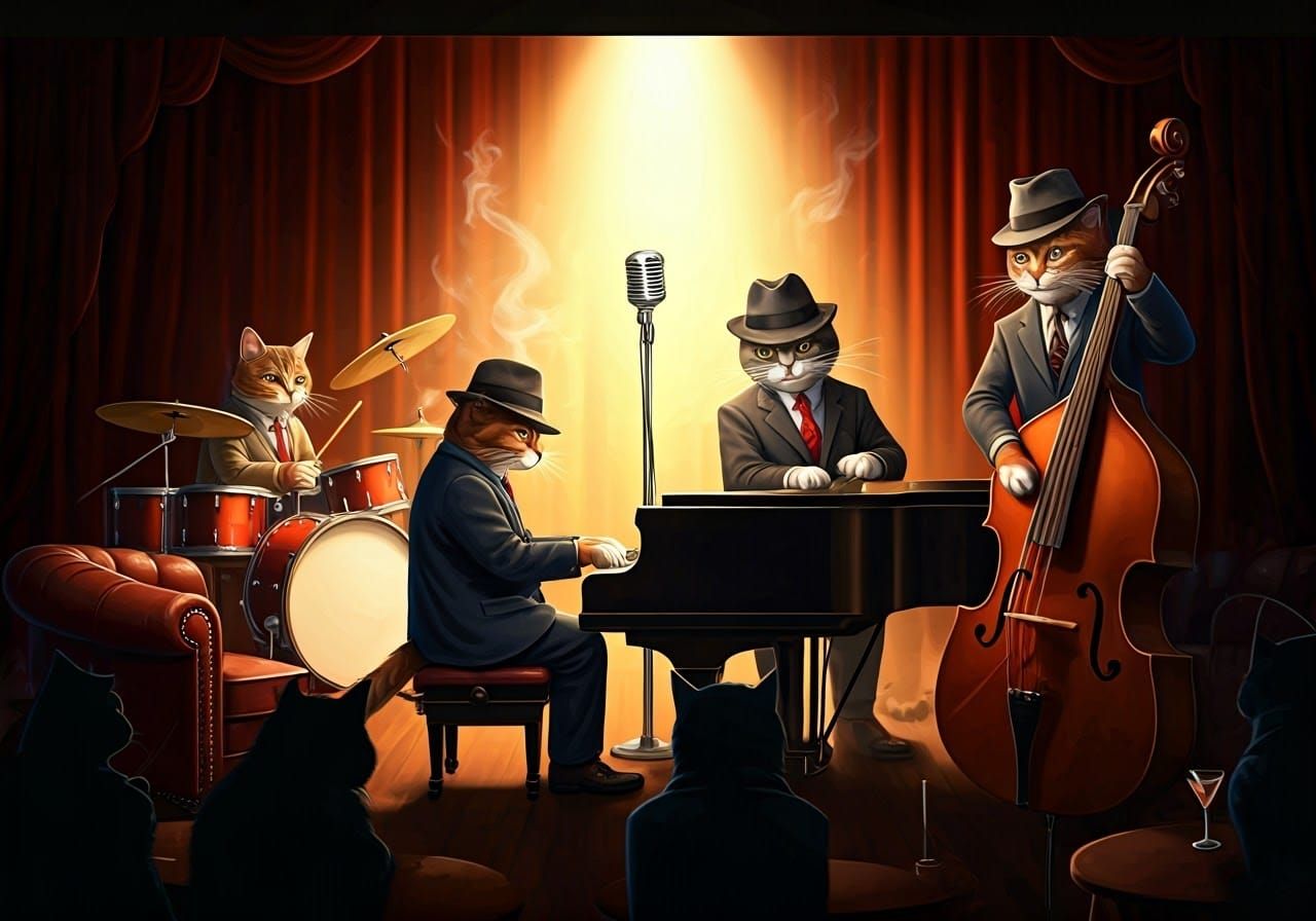 Cats Playing Jazz in Smoky Club, Illustration