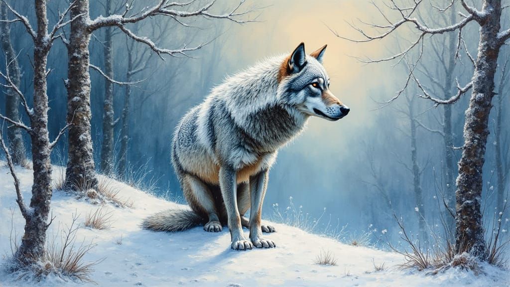 Winter Wolf in Expressionist Hot Wax Impasto Painting