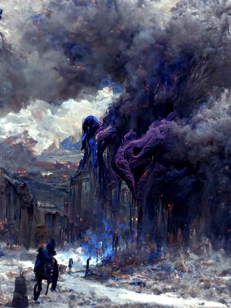 Eldritch Figure Walks Through Blue Violet Flames
