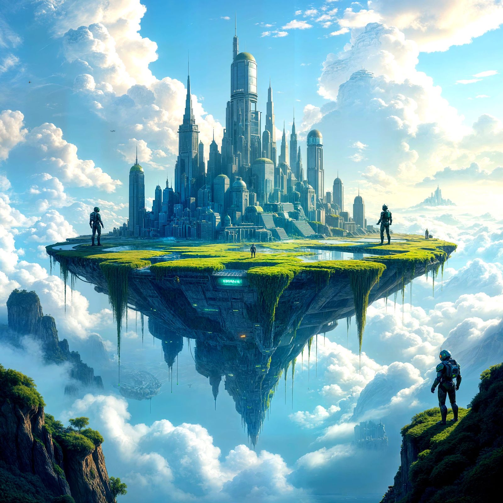 Floating City Above Clouds With Robot Guardians