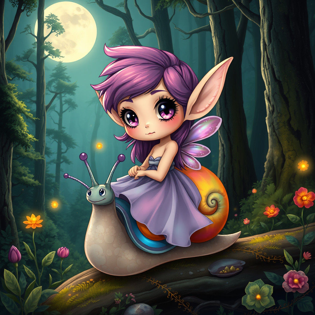 Chibi Fairy Elf Rides Rainbow Snail