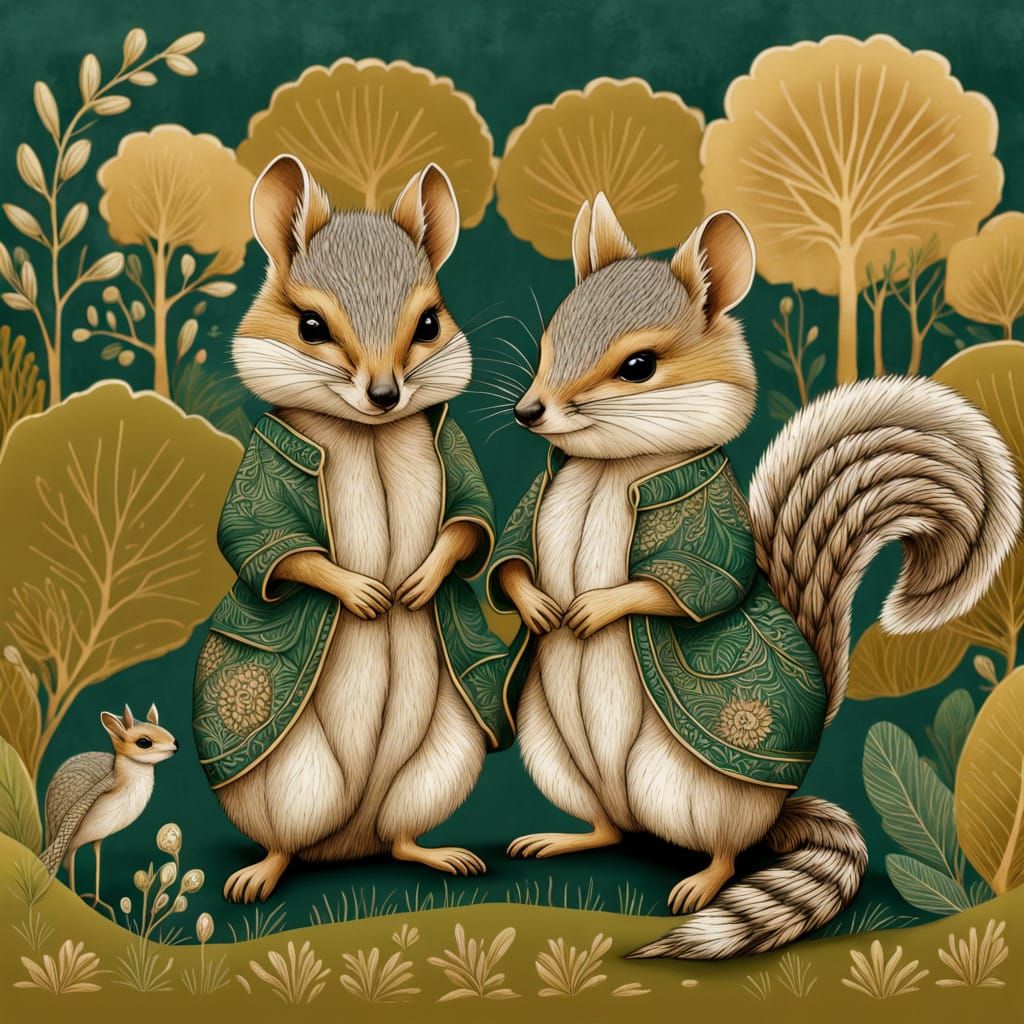 Elegant Australian Wildlife Folk Art in Gold and Emerald