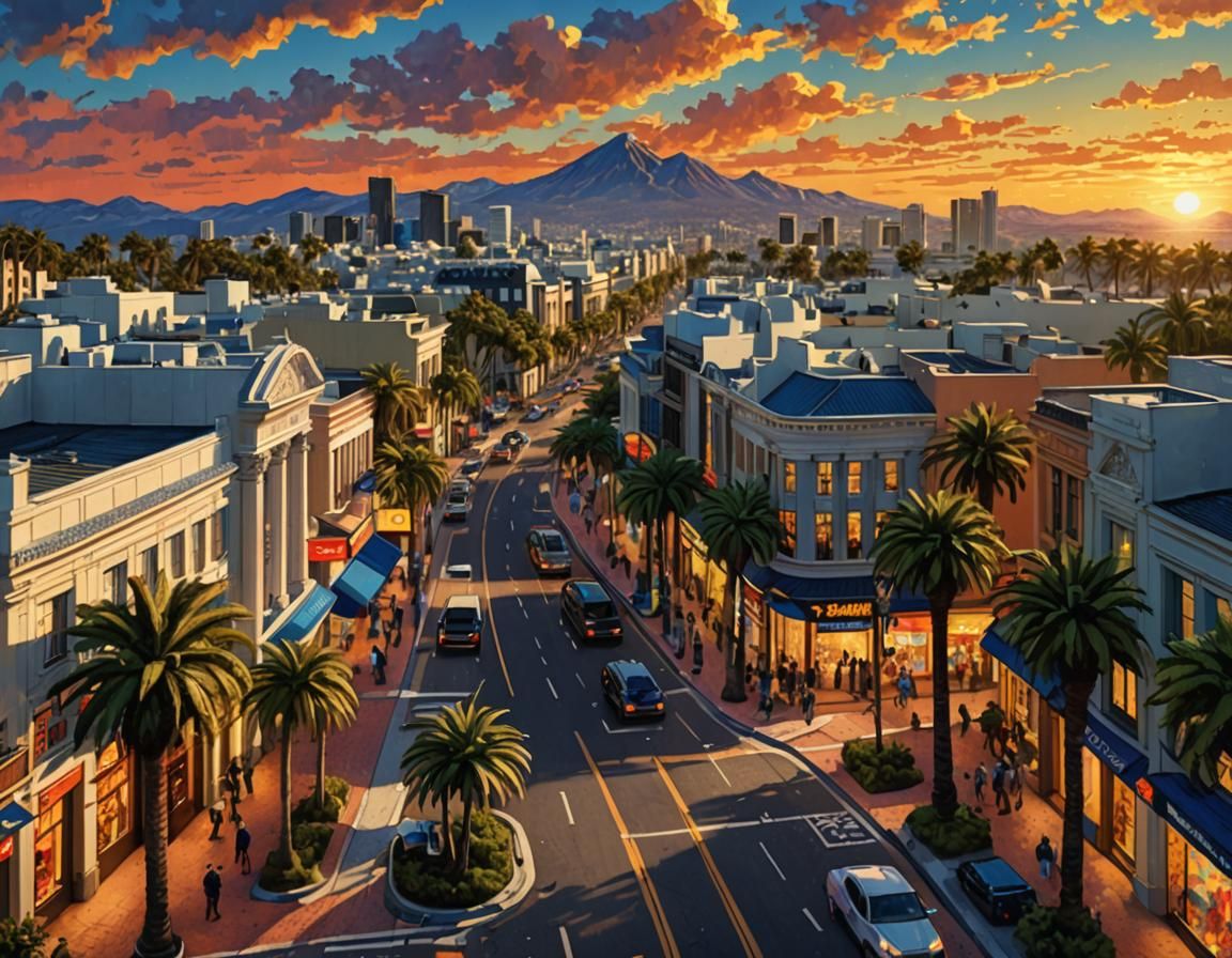 Rodeo Drive Sunset: Pointillism Fusion in Golden Light