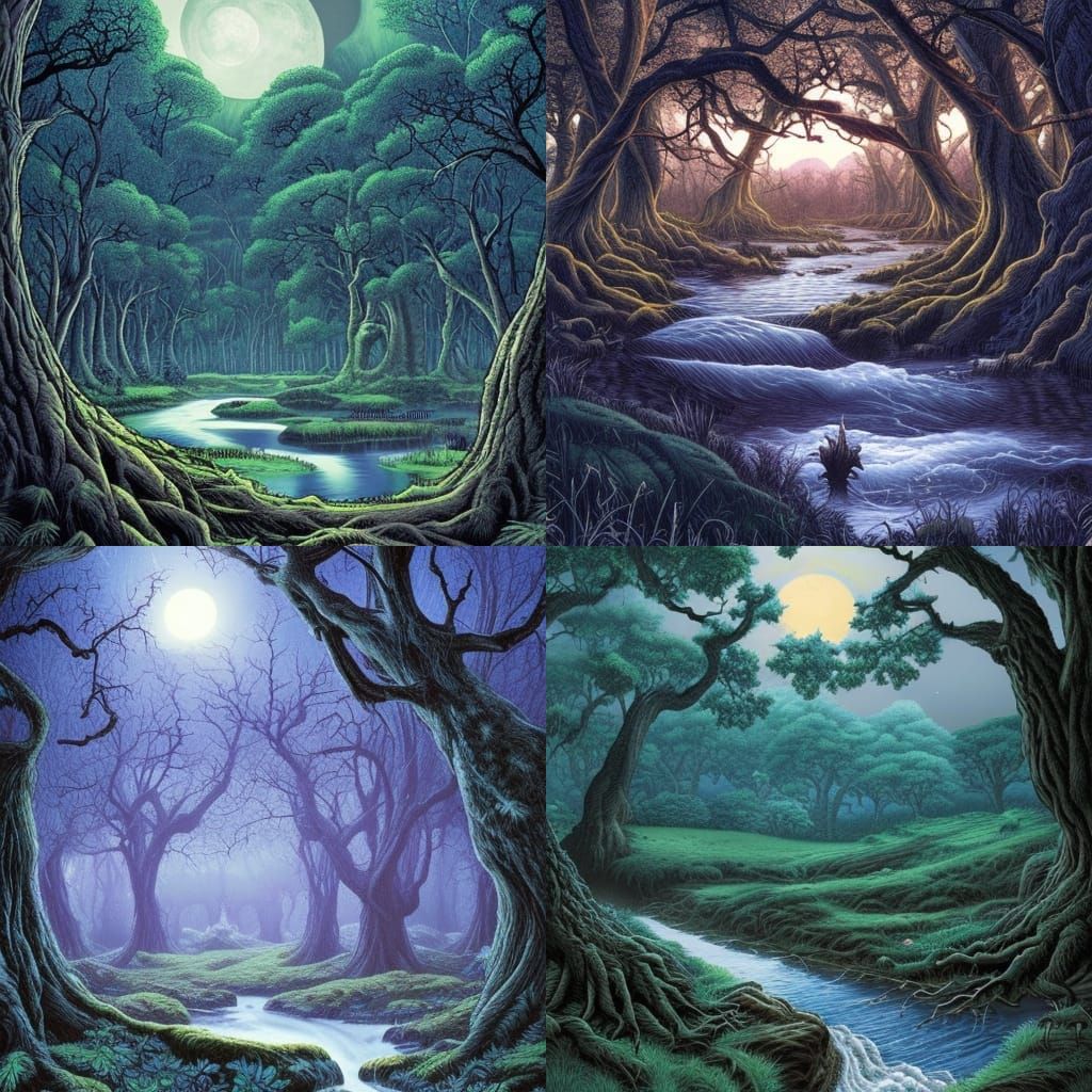 Enchanted Oak Forest Under Moonlight, Comic Book Art