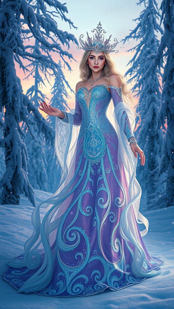 Ethereal Snow Goddess in Opulent Art Nouveau Digital Paintin...