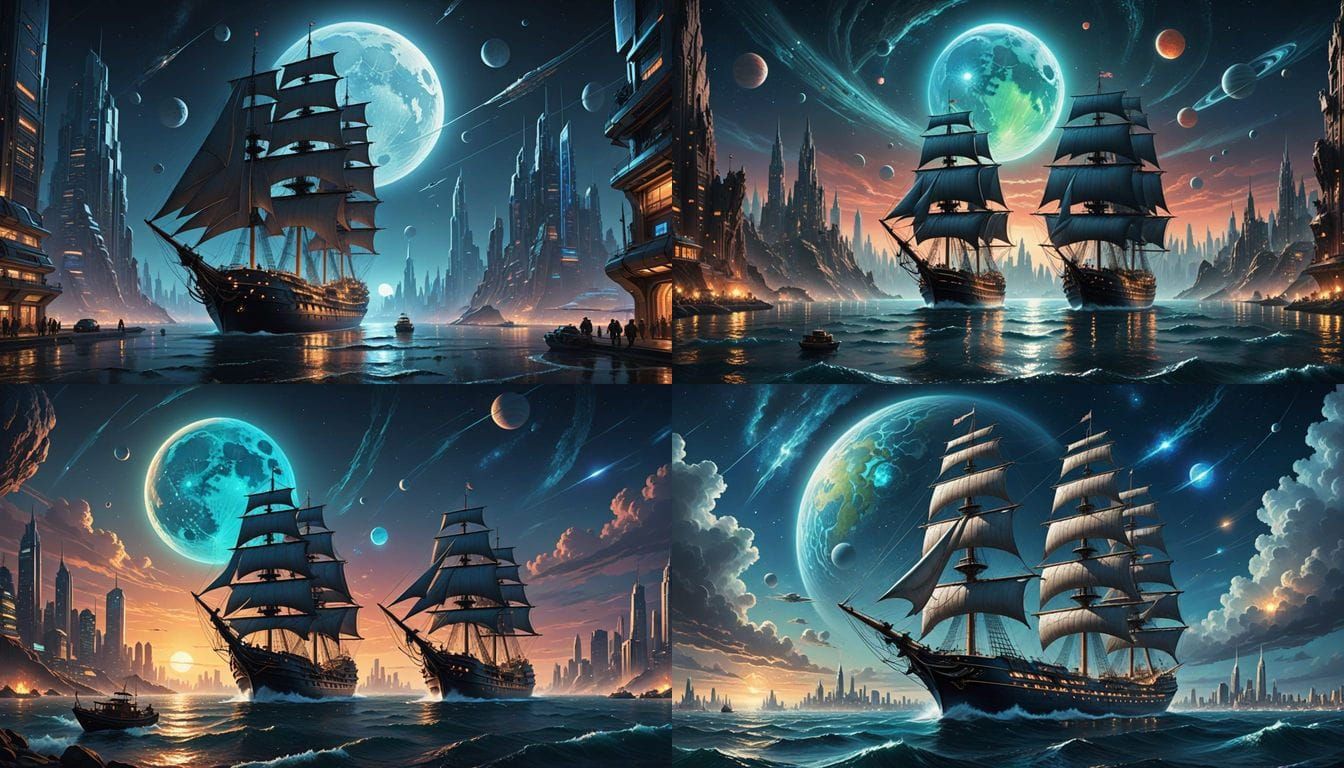 Tall Ship Sails Towards Futuristic City on Alien Moon