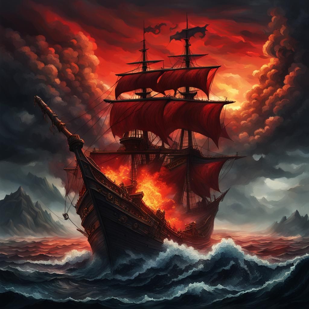 Sea Dragon Attacks Pirate Ship Near Volcano