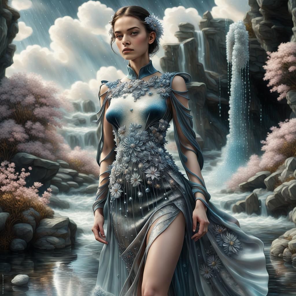 Futuristic Woman in Silk Dress with Crystal Flowers