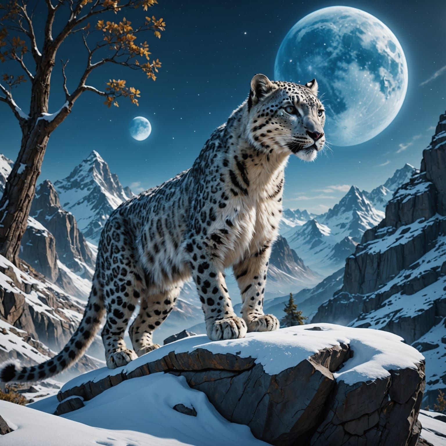 Snow Leopard Under Blue Moon: Detailed Matte Painting