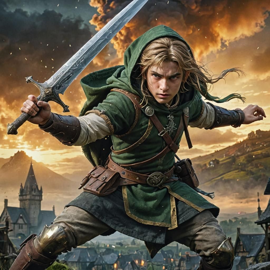 Young Warrior in Medieval Village: Hyperrealistic Painting