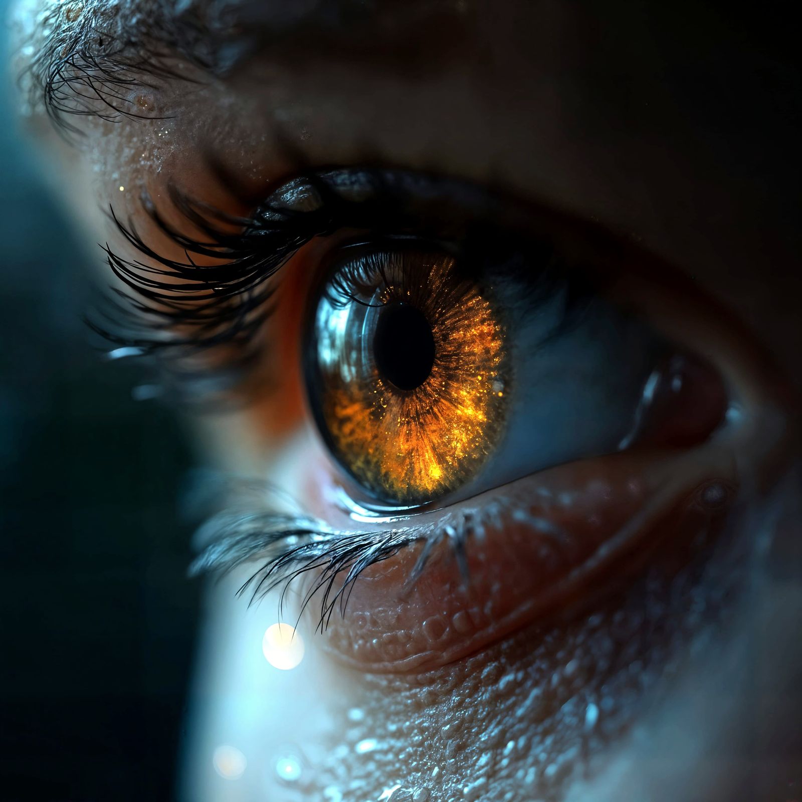 Golden Iris Eye with Shimmering Tears in Dramatic Lighting