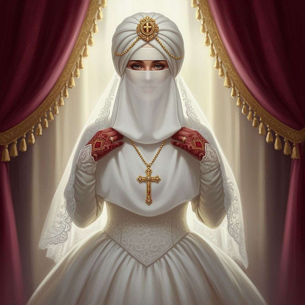 Orthodox Bride in Niqab, Turban, and Cross Necklace
