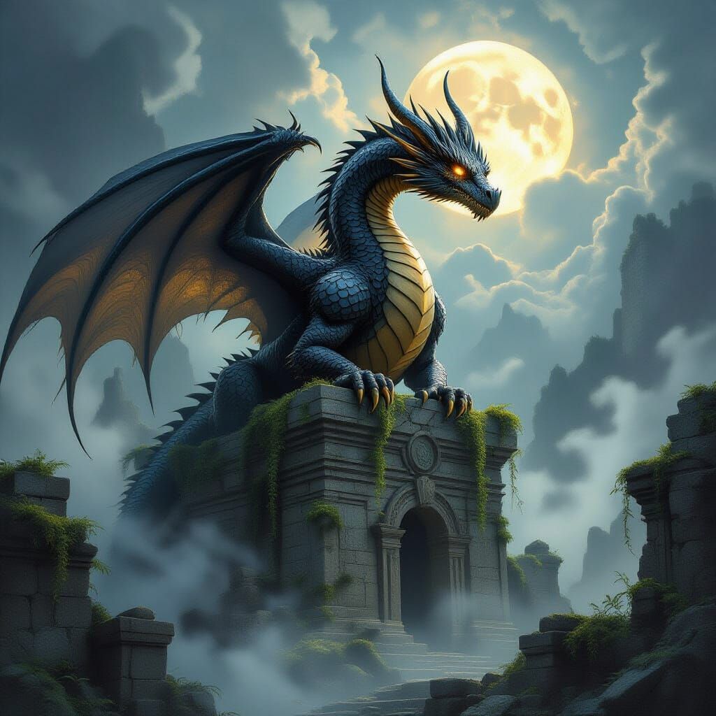 Majestic Obsidian Dragon on Ancient Temple Ruins