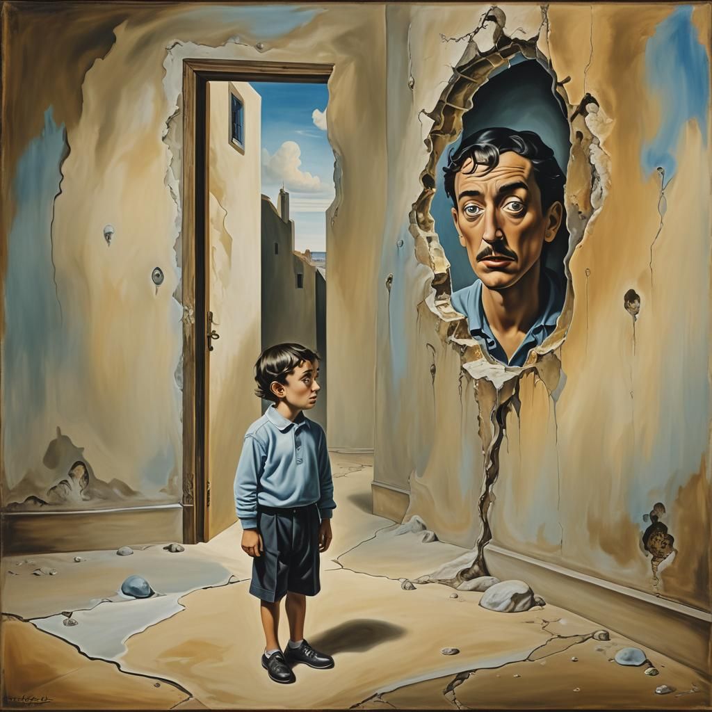 Boy's Fearful Gaze: Surrealist Oil Painting