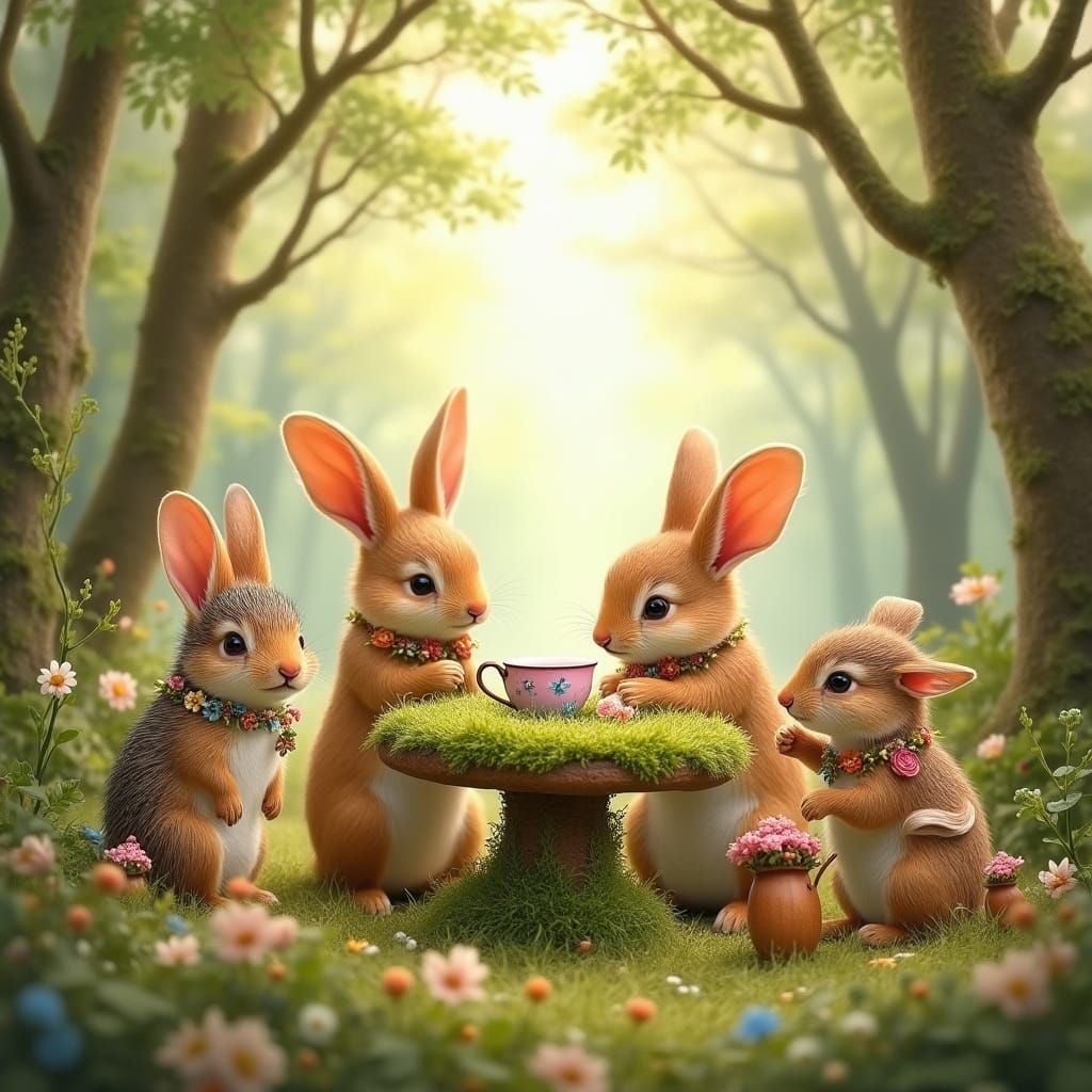 Whimsical Forest Tea Party Scene in Watercolor Style