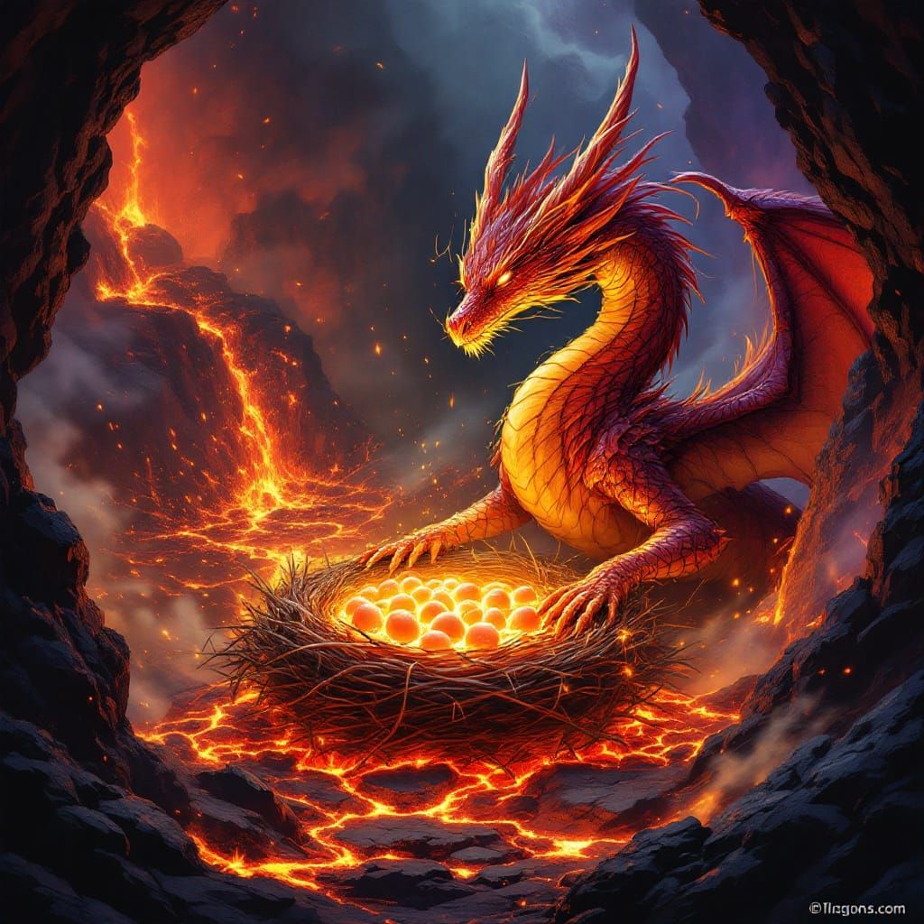 Dragoness Guarding Lava Eggs in Volcano Lair