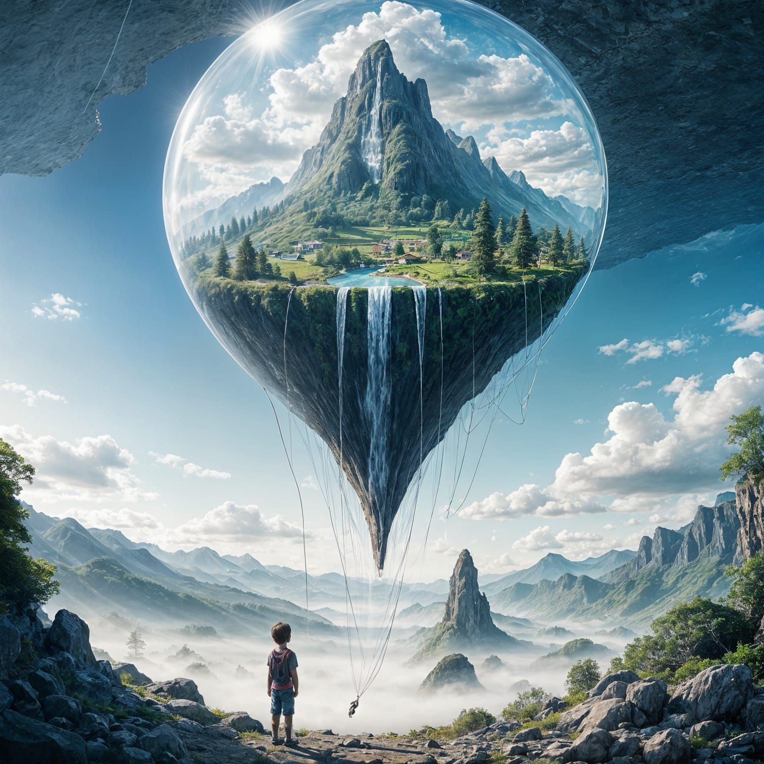 Flying Island Inside Balloon Watched by Boy