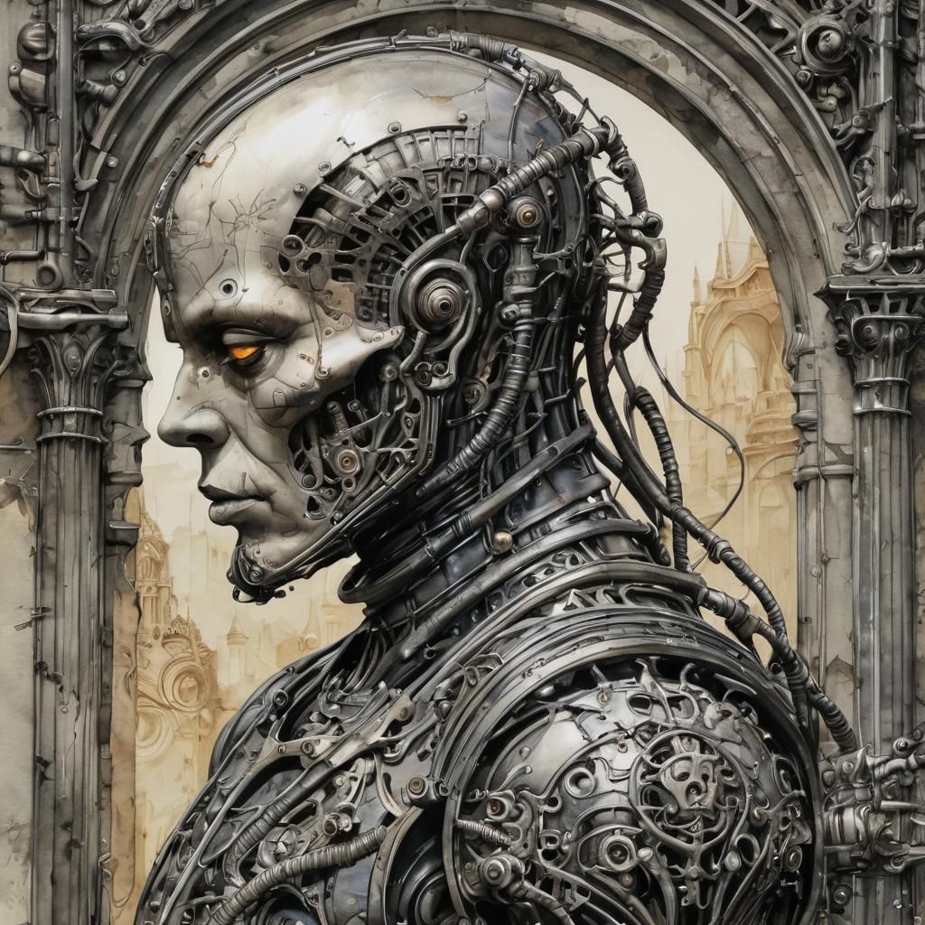 Biopunk Android in Watercolor Ink Style