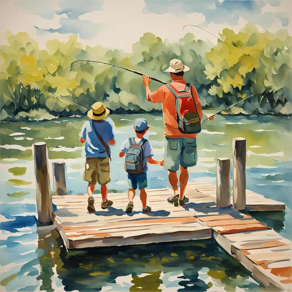 Father and Children Fishing: Gouache Watercolor Impressionis...