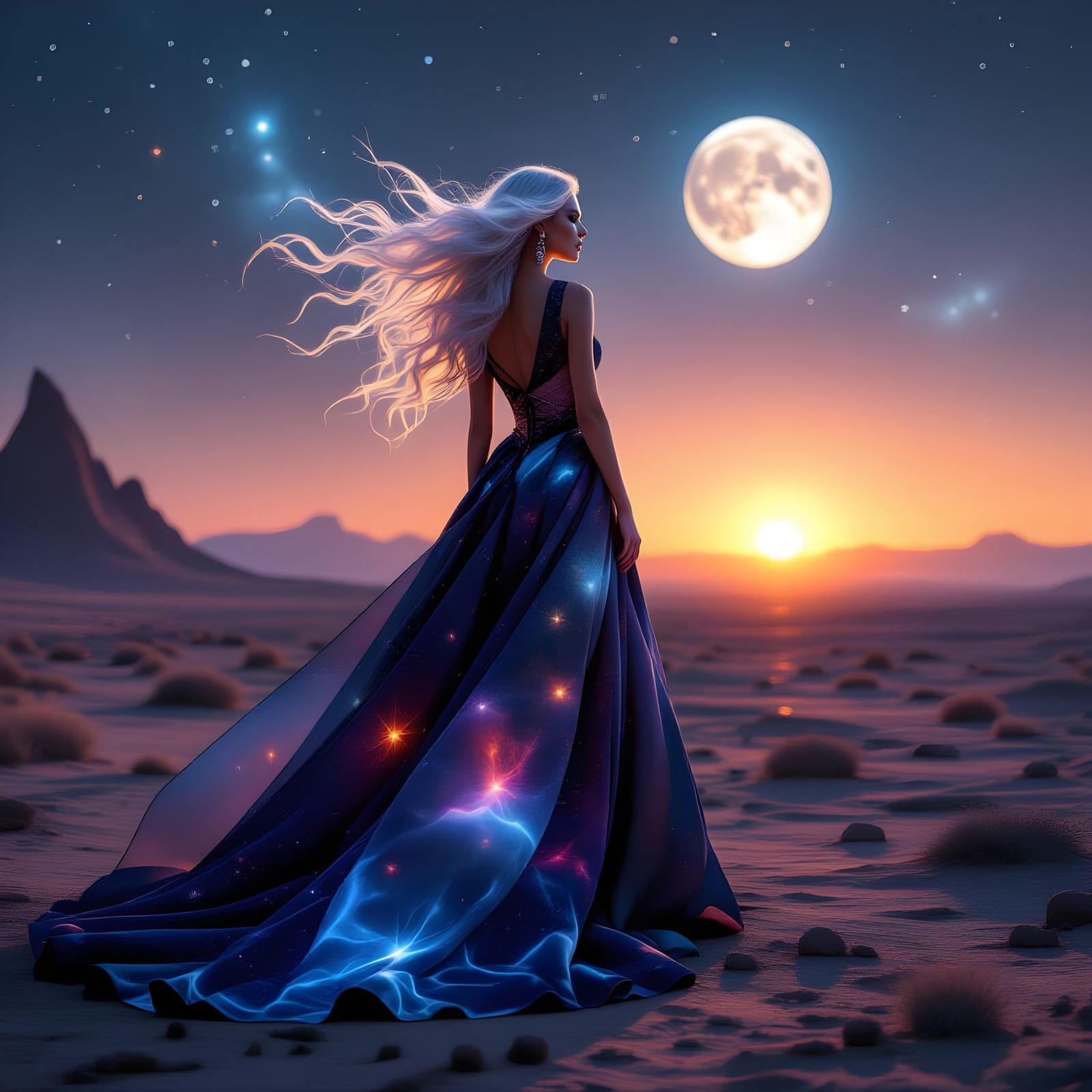 A striking woman with hair like spun moonlight, wearing an avant-garde gown inspired by celestial constellations and neb...