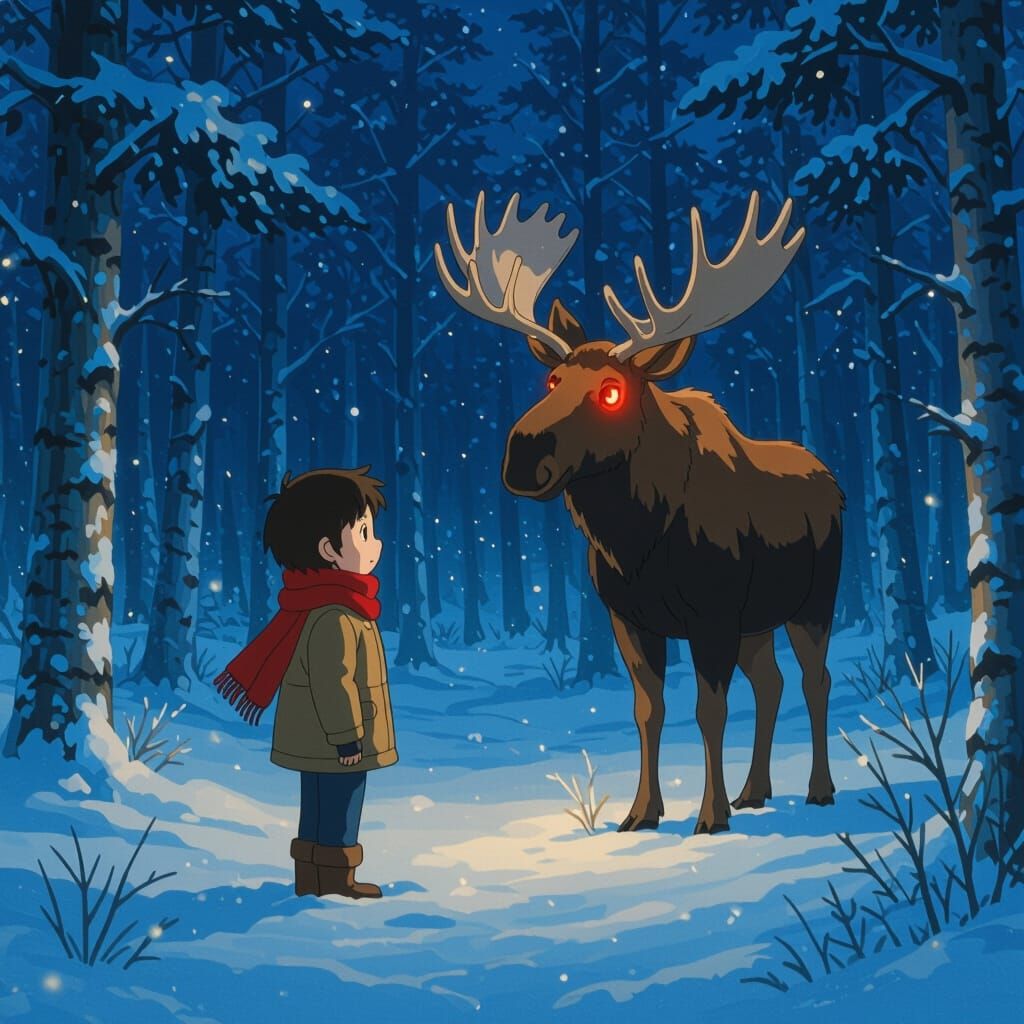 Child and Red-Eyed Moose in Snowy Forest at Night
