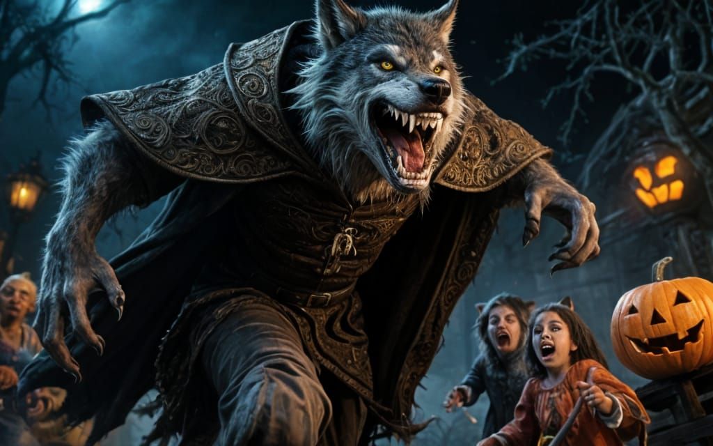 Werewolf Charging Trick-or-Treaters on Halloween Night