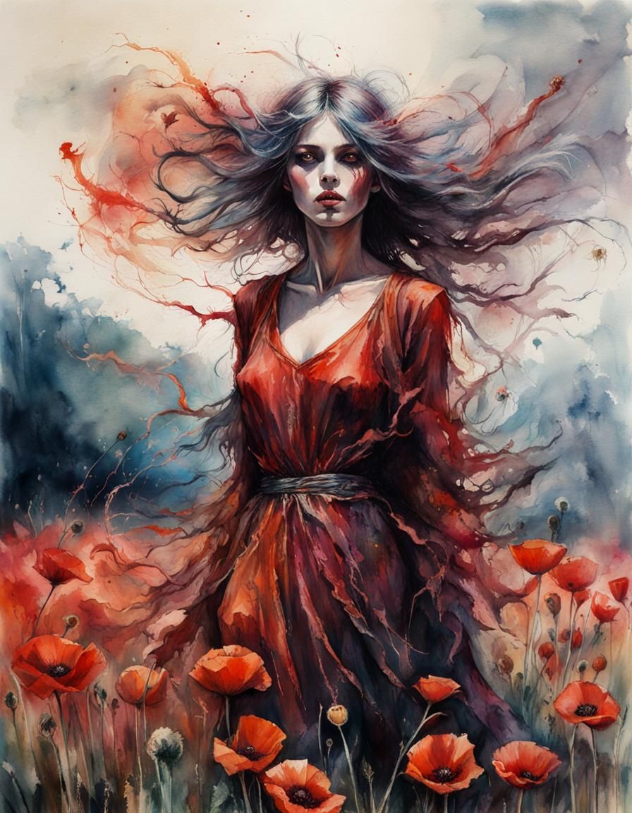 Noonwraith Dancing in Poppy Field, Watercolor Style