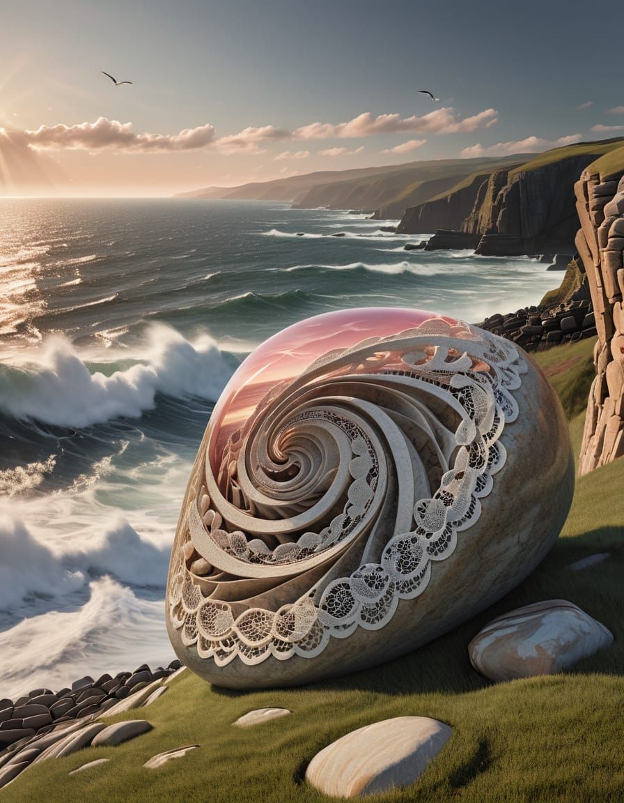 Morphostasis Multiply Embodied Barely-Contained Storm in a Stone Lace Pebble 3D Collage Sculpture Under Knitted Living C...