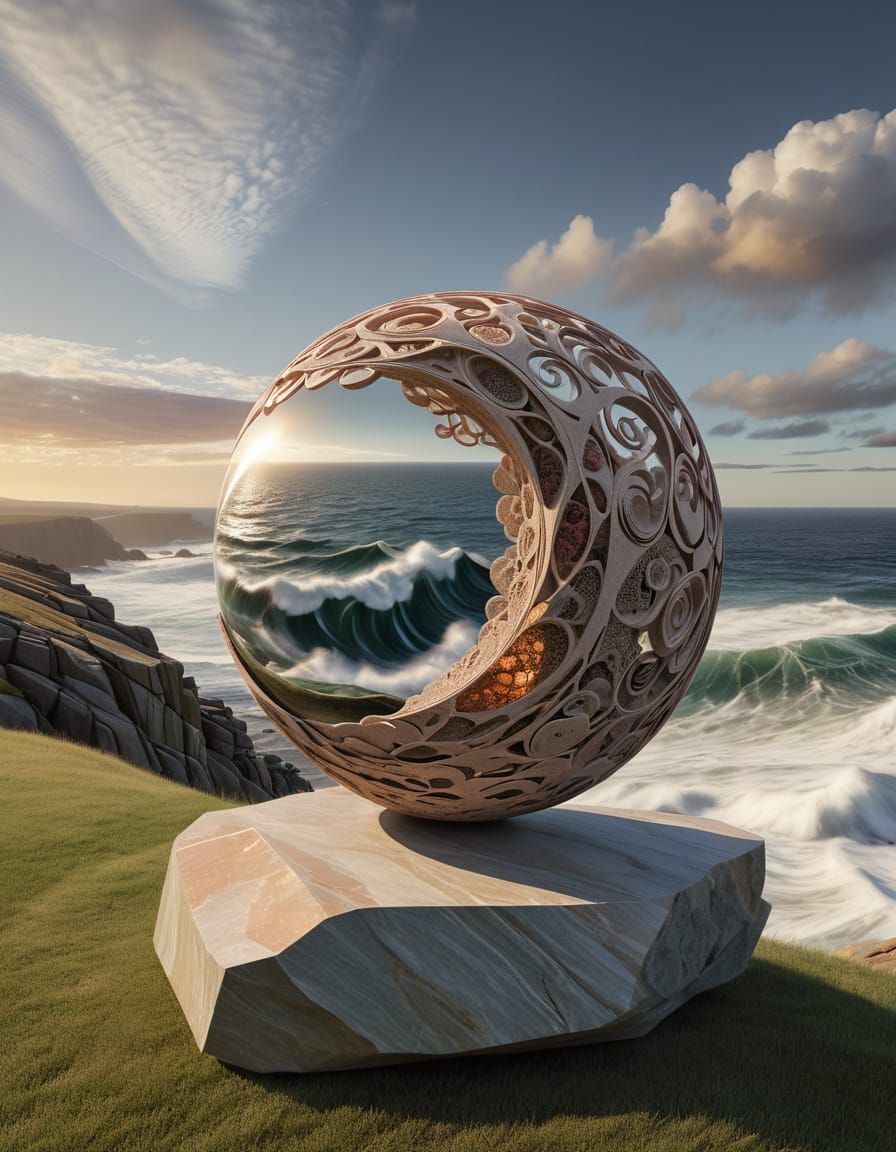 Morphostasis Multiply Embodied Barely-Contained Storm in a Stone Lace Pebble 3D Collage Sculpture Under Knitted Living C...