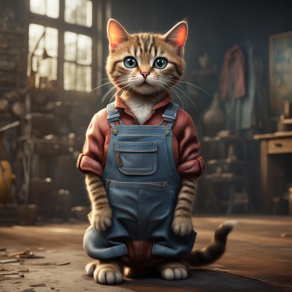 Cat in Overalls: Detailed Fantasy Art
