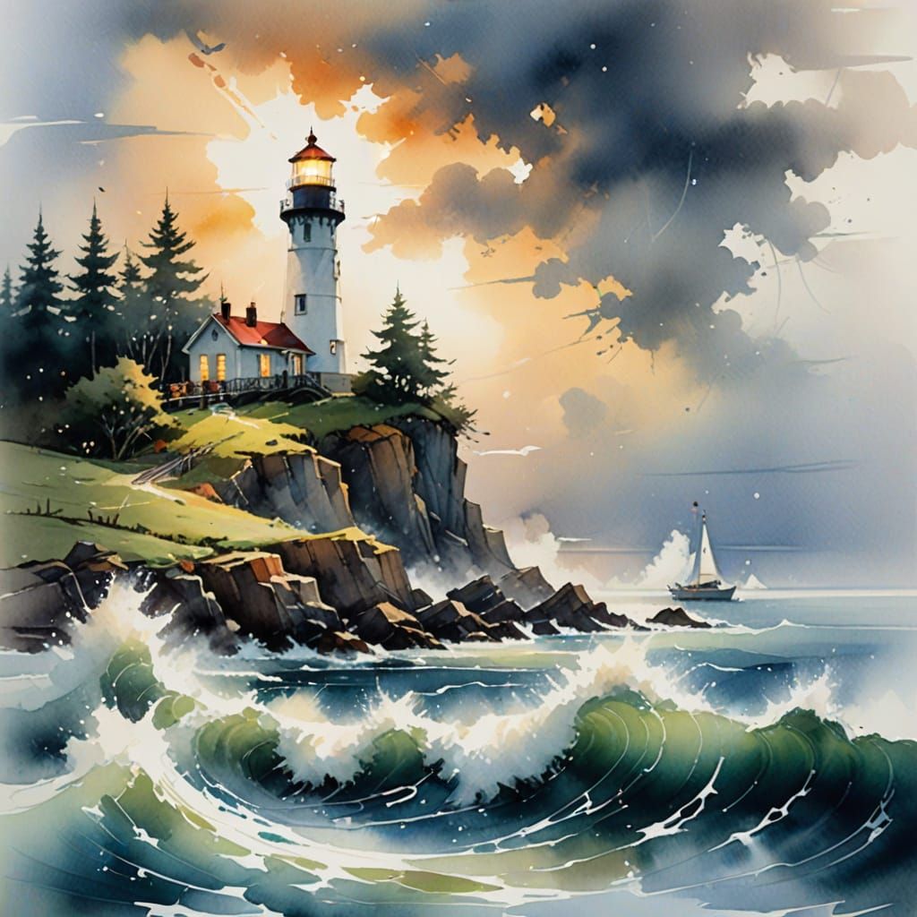Lighthouse Guiding Ships Through Mist in Watercolour Style