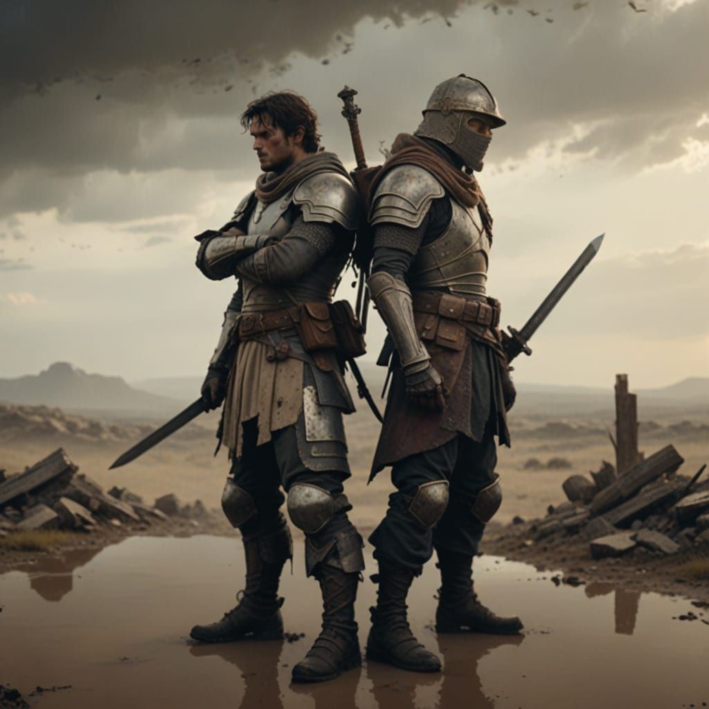 Warriors in Desolate Landscape, Hyper-Realistic Digital Art