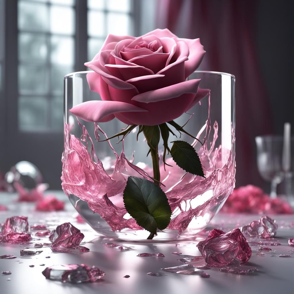 Dramatic Pink Rose Among Broken Glass in Fantasy Art