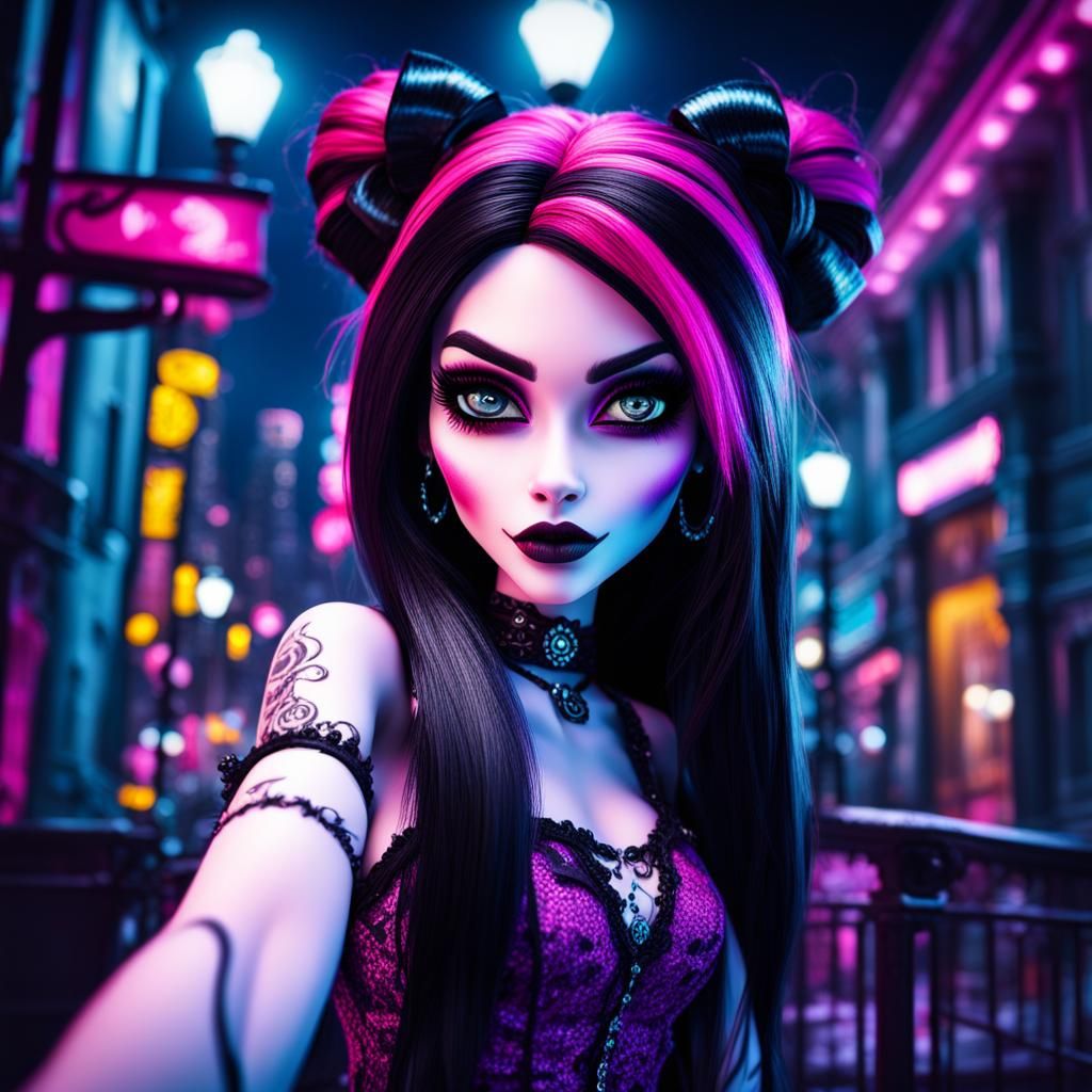 emo draculaura monster high selfie city lights night backgro...