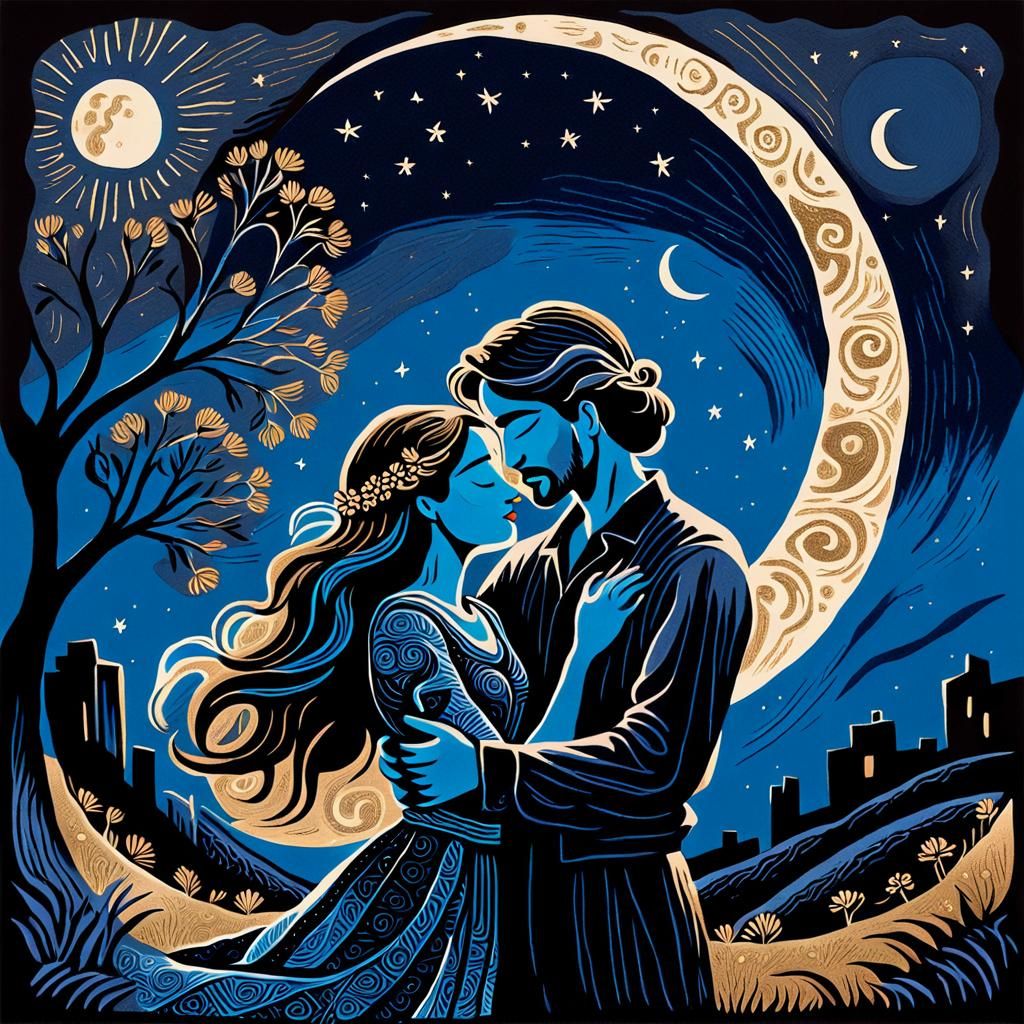 Gypsy Lovers Embrace in Linocut Print Under Moon