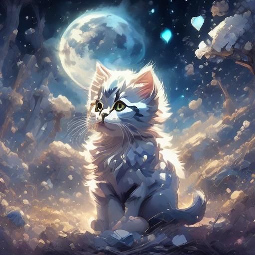 Kitten in Flower Meadow, Painterly Style