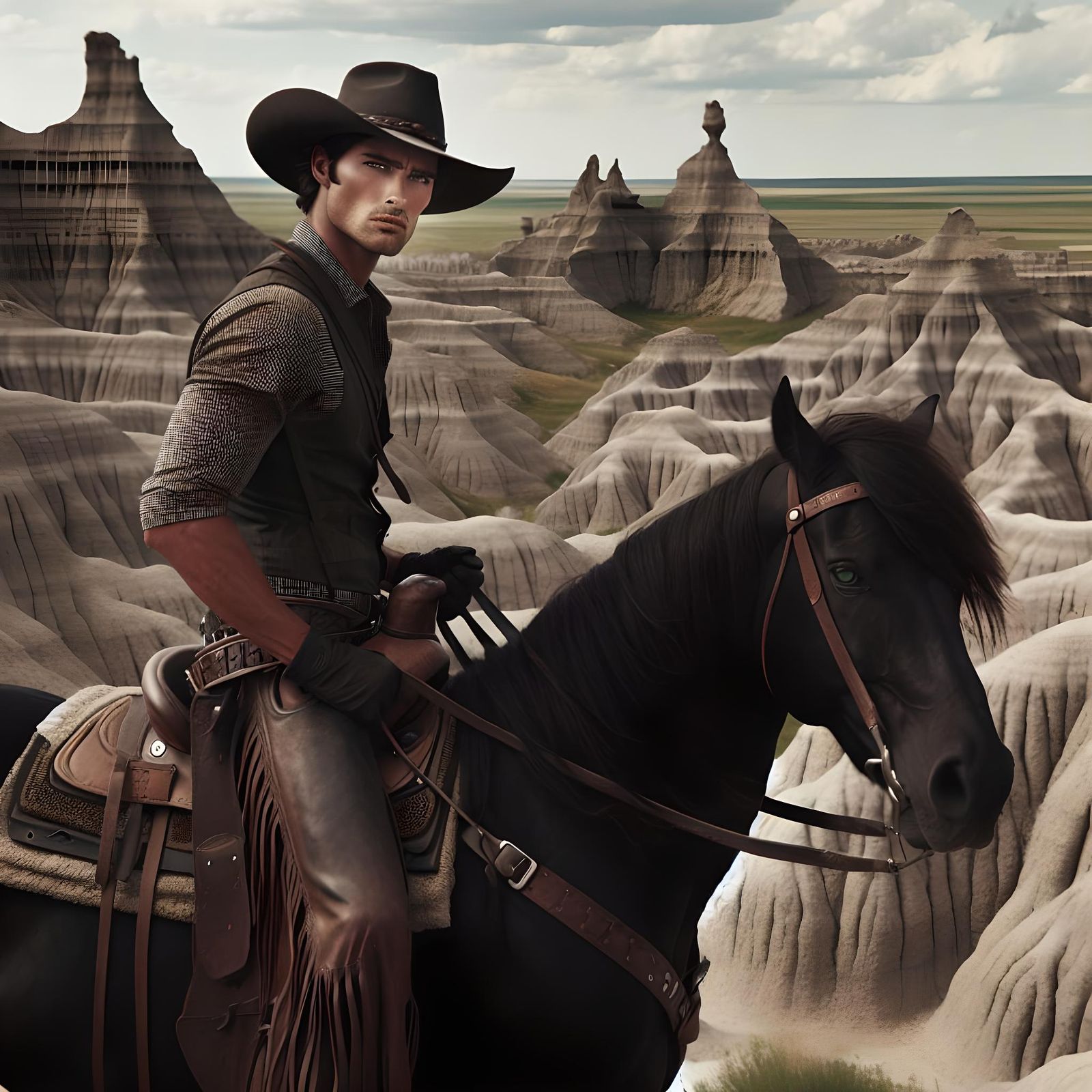 Cowboy on Black Horse in Badlands Landscape