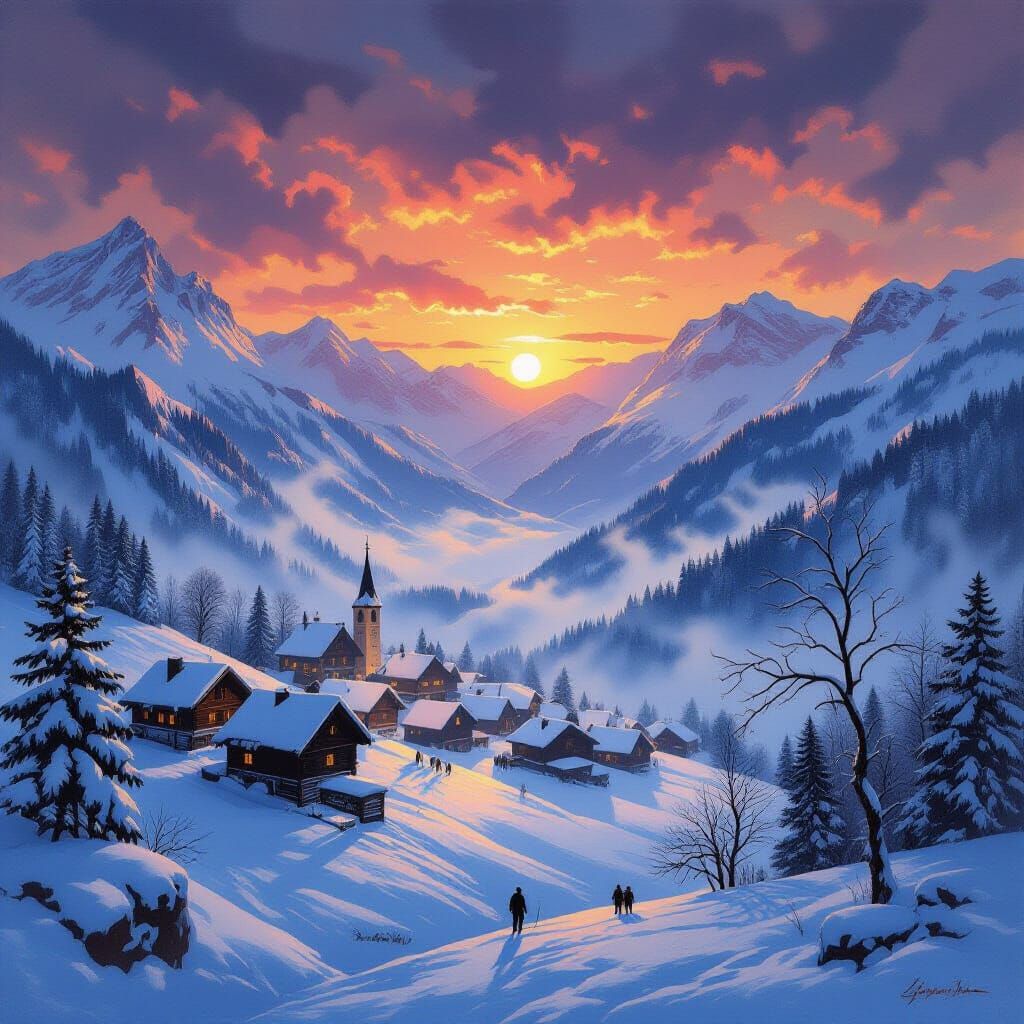 Eerie Alpine Village Under Ominous Sunset, as Impasto Painti...