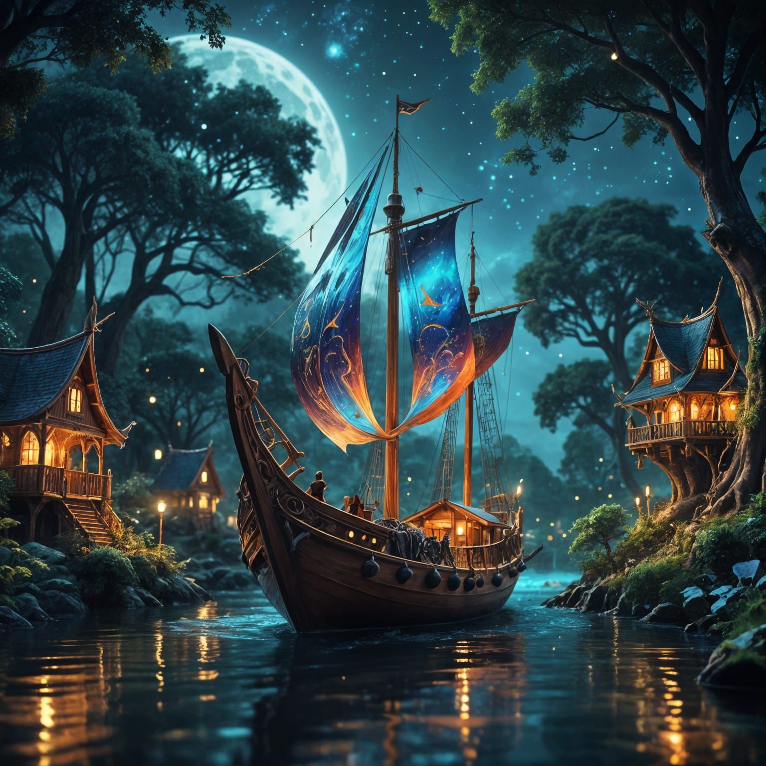 Elven Riverboat Scene in Whimsical Woodland