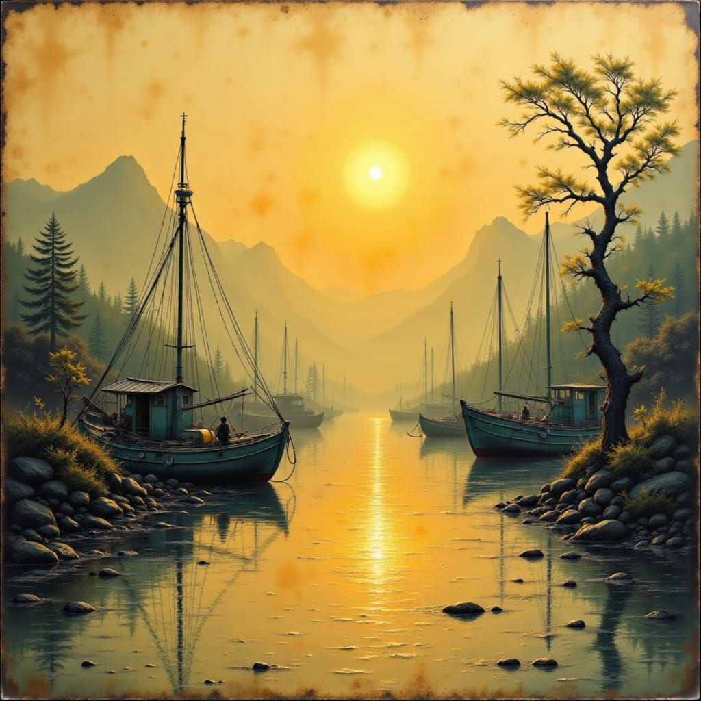 Monochromatic Vintage Fishing Harbour at Dusk