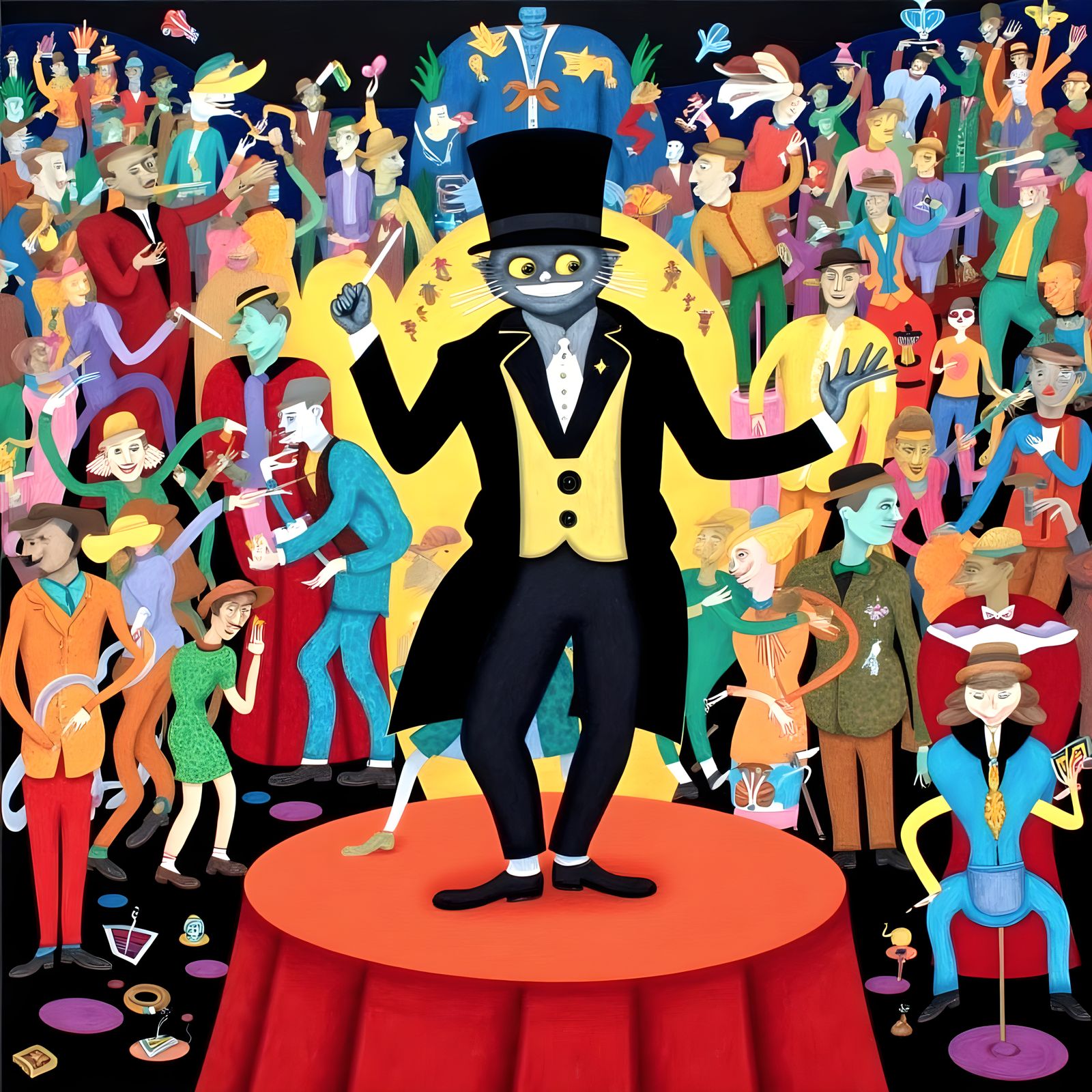 Vibrant Feline Maestro Conducts a Jazz Orchestra