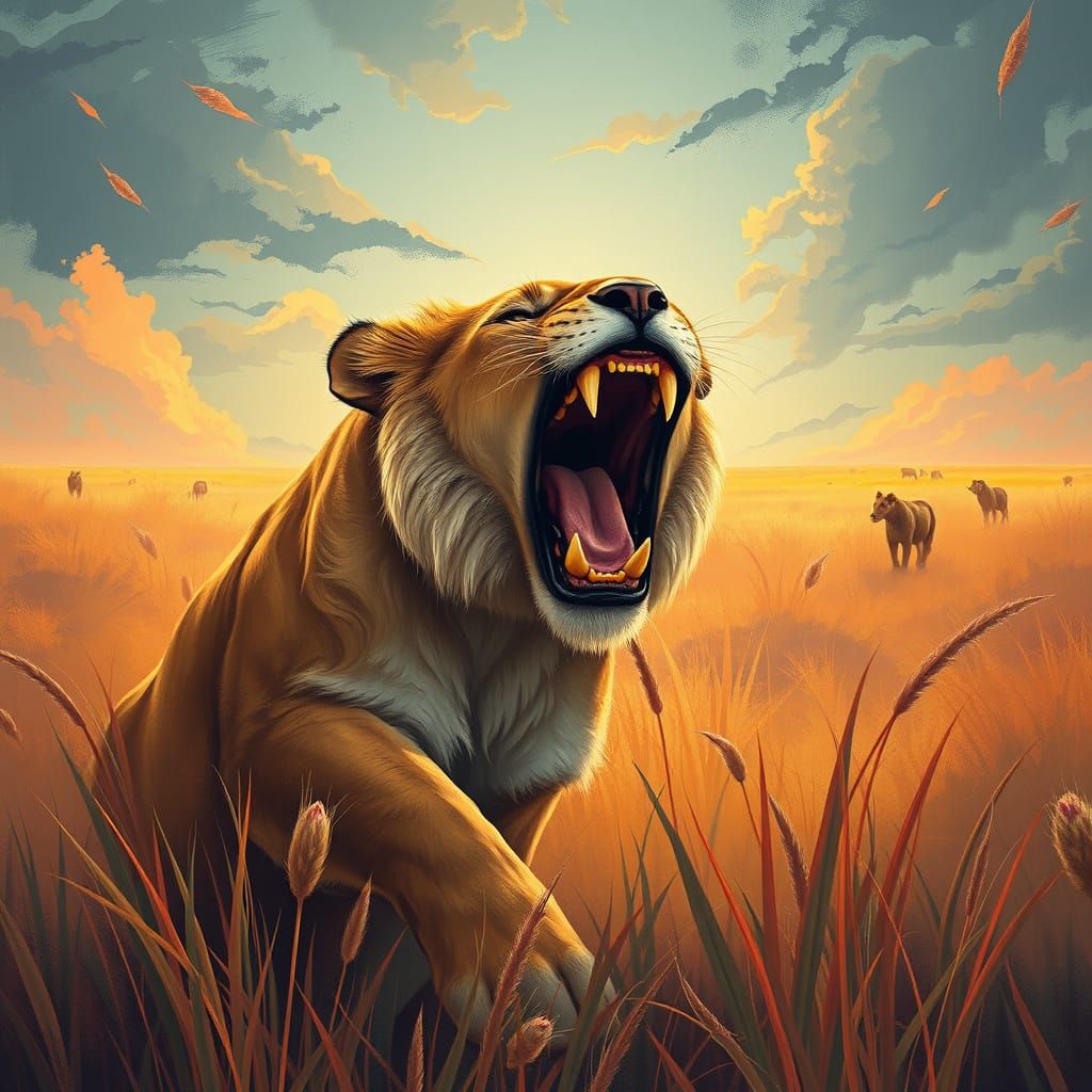 Fierce Lioness Roaring on the Savannah: Digital Art