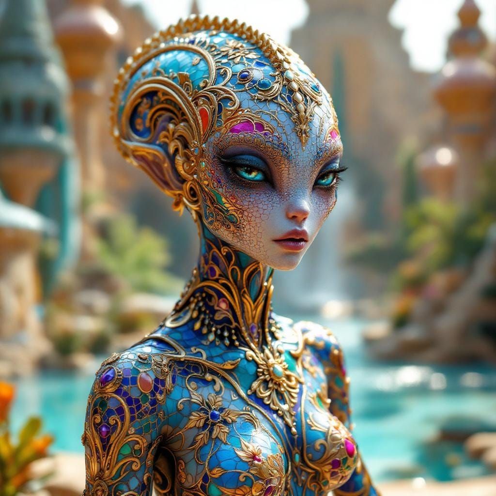 Alien Creature in Mosaic Tiles, Hyper-Detailed 3D Rendering