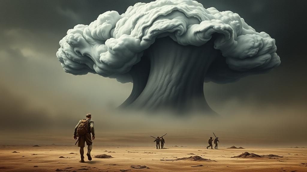 Surreal Figure Confronts Faceless Crowd in Dystopian Landsca...