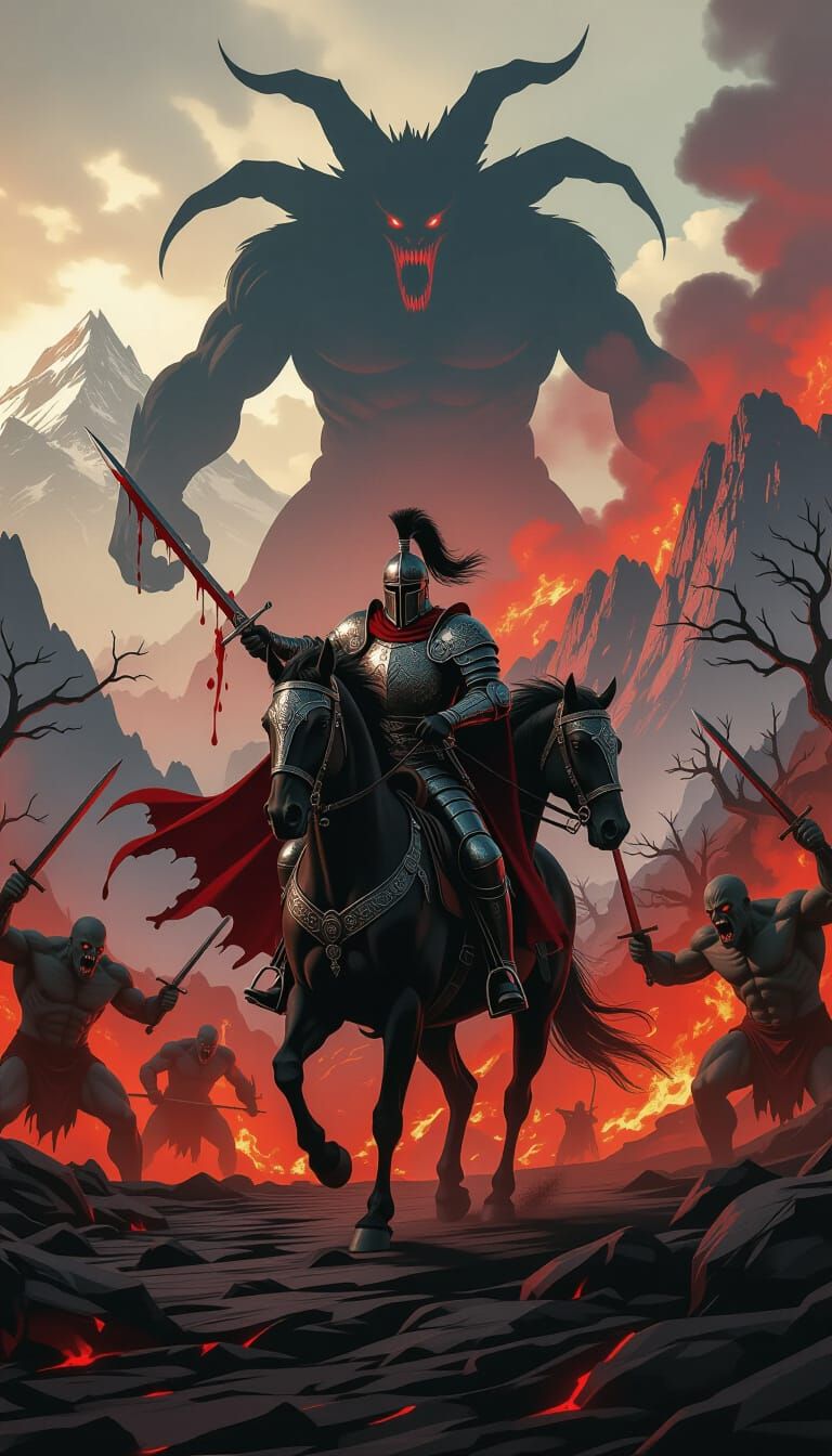 Apocalyptic Horseman Rides Through a Desolate Landscape