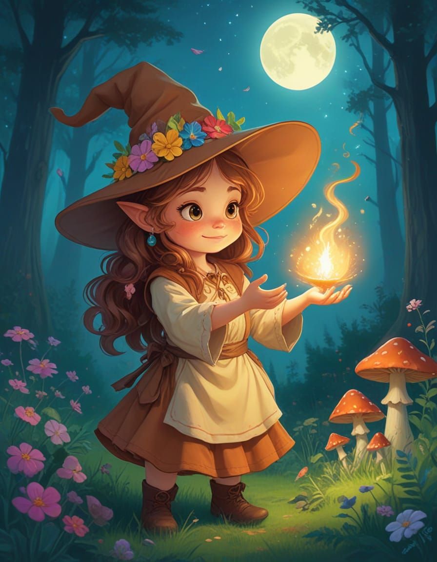 Whimsical Halfling Druid Conjuring Magic in Forest